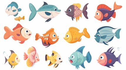 Fish with fins and smiling lips. Modern illustration of funny sea or ocean animal characters. Collection of aquarium and marine underwater creatures. Habitats for aquatic bottom wildlife.
