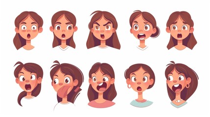 An illustration of a female teen character face pronouncing different sounds on a white background. A modern illustration of an avatar constructor that displays lip syncs and emotions of the