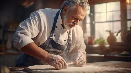 Obraz premium Chef kneading dough for pizza or bread