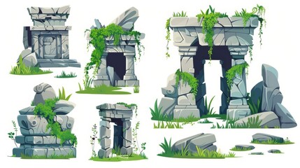 A set of cartoon modern illustration elements showing the ancient ruin of a lost civilization. A set of stone temples surrounded by jungle grass and liana vines. Demolished endangered monuments and - obrazy, fototapety, plakaty