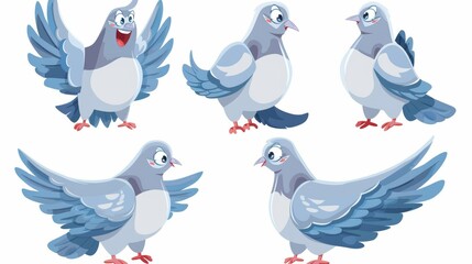 Cartoon character of a cute pigeon with a smile in different poses. Modern illustration of a funny wild dove sitting, lying and standing.