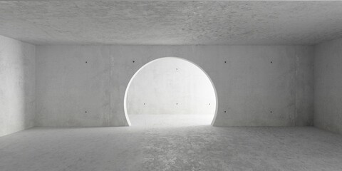 Abstract empty, modern concrete room with round circular doorframe opening and rough floor - industrial interior background template