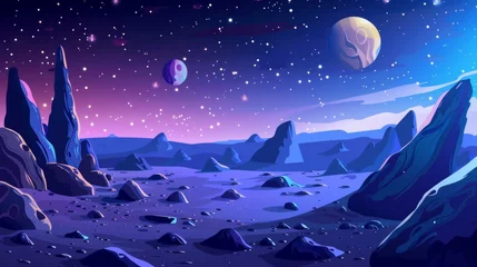 Fotobehang The surface of an alien planet with craters on a dark blue cosmic sky with space objects. Illustrator's illustration of a fantasy galaxy scene for exploration. © Mark