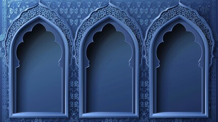 Greeting template with traditional arabic frame for Islam holiday design. Modern illustration of blue arch windows or borders with empty space for text.