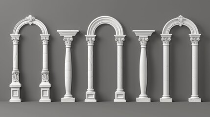 An ancient roman arch made of white clay adorned with decorative ornate carvings. Realistic 3D modern illustration set of Greek stone pillars. A classic archway of old architecture. - obrazy, fototapety, plakaty