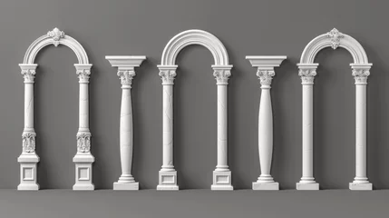 Fotobehang An ancient roman arch made of white clay adorned with decorative ornate carvings. Realistic 3D modern illustration set of Greek stone pillars. A classic archway of old architecture. © Mark