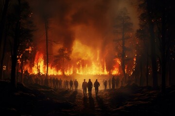 Devastating People forest burning. Heat nature. Generate Ai