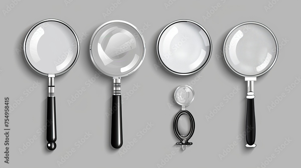 Poster set of metal loupes with plastic handles and transparent enlarge lenses for the concept of searching