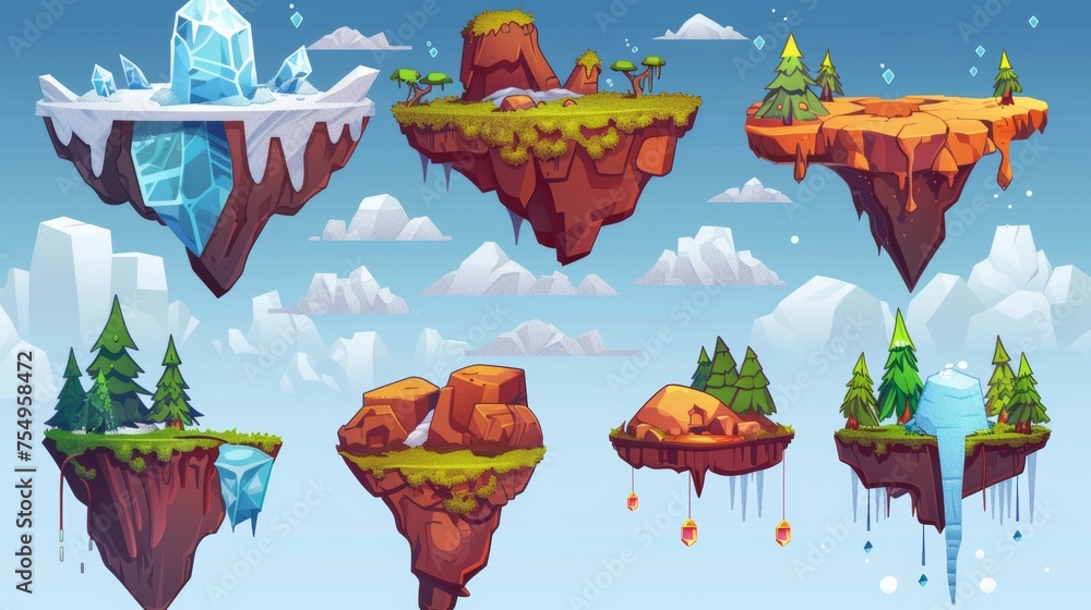 Aufkleber for game level map ui design, floating islands with rock and lava, forest with waterfall, ice or gem