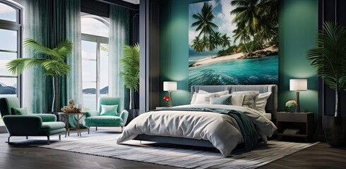 A cool bedroom room with blue walls and chairs, in the style of realistic landscape paintings