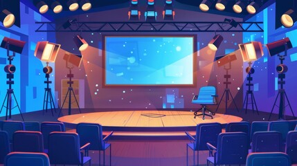 Setup of a talent show in a big hall with a microphone and loudspeakers on scene, a large screen, judges' chairs, spotlights, and television cameras. Cartoon modern of empty competition or contest - obrazy, fototapety, plakaty
