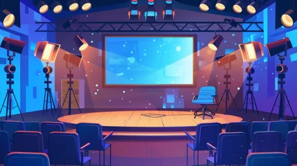 Fotobehang Setup of a talent show in a big hall with a microphone and loudspeakers on scene, a large screen, judges' chairs, spotlights, and television cameras. Cartoon modern of empty competition or contest © Mark