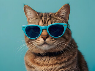 portrait of cute brown cat wearing sunglasses on the large blue background