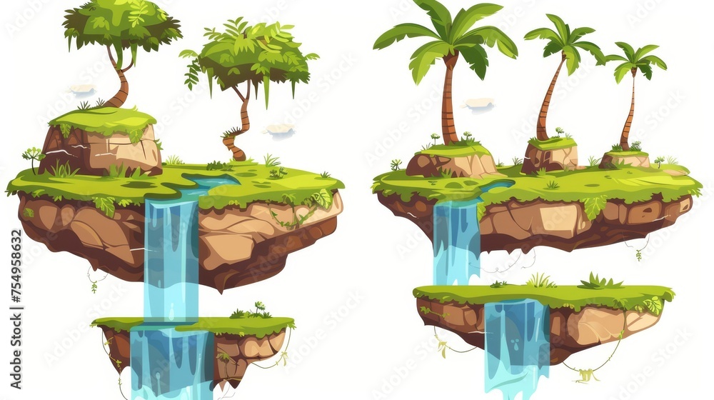 Poster video game user interface level jump concept with floating land platform with green grass, bush and 