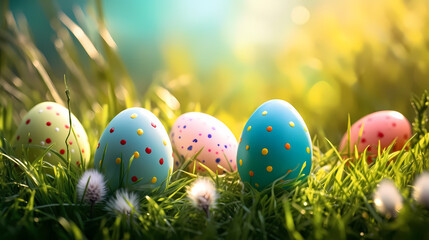 Fototapeta premium Easter eggs on green grass on a sunny day