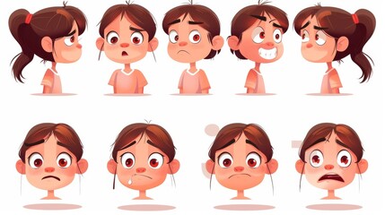 Modern illustration of a little girl with different lip positions during the pronunciation of the English alphabet letters, as well as sad and angry emotions during the pronunciation.