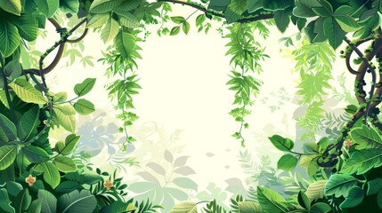 Frames of liana vine with leaves and flowers. Cartoon modern set of jungle plant branches as borders. Drifting hanging rain forest tree vegetation as rectangle boxes. - obrazy, fototapety, plakaty