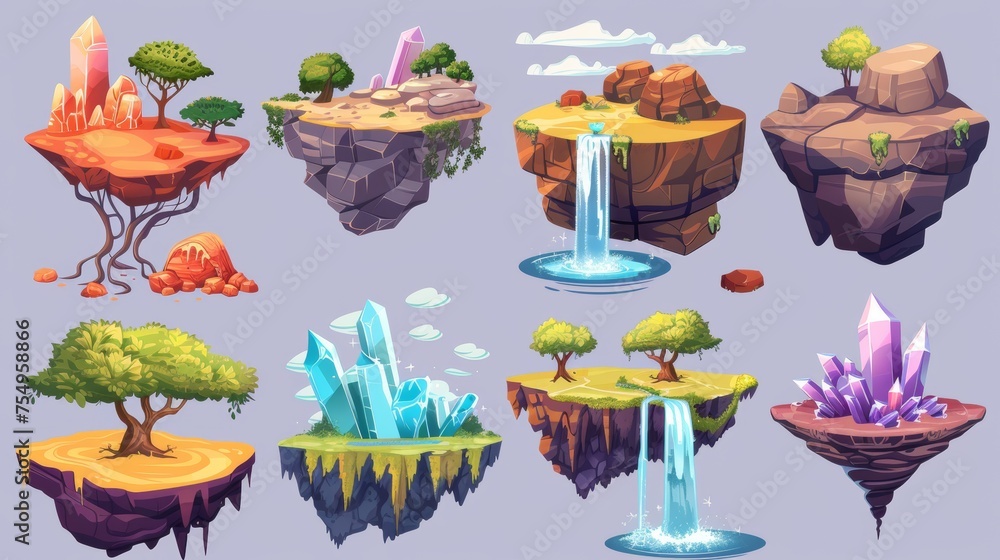 Poster floating islands for game level map ui design. modern illustration set of flying platforms with rock