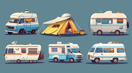 Travel concept of family campervan with tent for summer vacation. Cartoon modern illustration of vintage recreational trailer vehicle and motorhome.