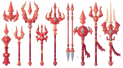 Various steps of the decoration and ornaments progress on a fantasy metallic spear with pitchfork designed after the magic red trident of Poseidon or Neptune for game UI level rank design.