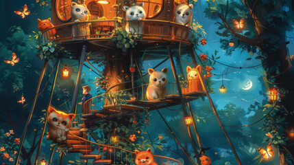 A realistic painting depicting a treehouse teeming with various animals interacting inside