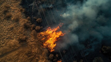 An aerial view of a small fire starting in the dry grass of a park glade under power lines, with no people in sight. - obrazy, fototapety, plakaty
