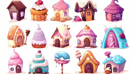 This is a cartoon illustration set of a cute fantasy dessert home with cake and cookie, chocolate, ice cream and berries.