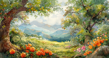 Detailed painting of vibrant forest filled with colorful flowers and lush green trees