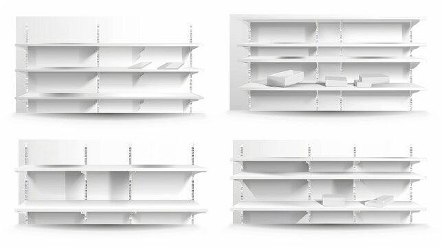 The mockup shows a white empty supermarket shelf with racks for product display. It is a realistic 3D modern illustration set of a bookcase stand in several different angles.