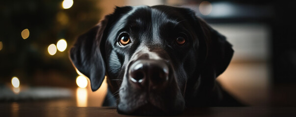 Hungry dark labrador leans its head on the table with sad eyes looking. Generative AI