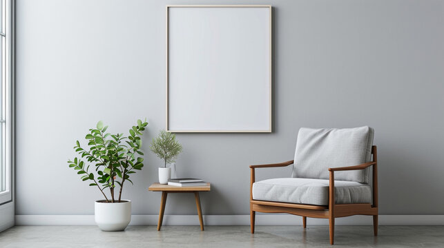 A clean, contemporary space with a white frame mockup above a mid-century chair 