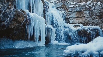 A frozen waterfall, with icicles hanging and water frozen mid-fall against a rocky backdrop.