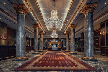 A high-end hotel reception with a large, elegant chandelier, marble columns, and plush, deep red carpets. 