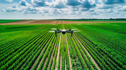 Drone is flying above agricultural field. Inspection of crop field