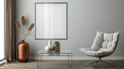 A modern room with a white frame mockup on a glass coffee table, 
