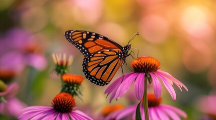 Fototapeta na wymiar A monarch butterfly delicately landing on a vibrant purple coneflower, its wings gently fluttering.