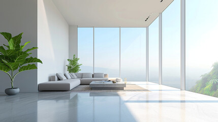 A sleek and airy minimalist living room, 