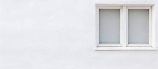 A black and white landscape closeup of a window set against a plain white wall, highlighting the contrast between the window frame and the background.