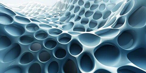A blue and white abstract image of a wave with many small circles