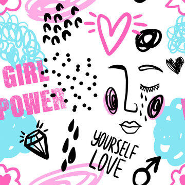 Abstract seamless chaotic pattern with hearts, slogan and spots. Grunge texture background. Wallpaper in cool teen style. Girl power. Hand drawing