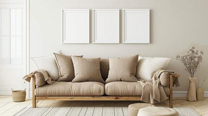 A warm, inviting room with a wood sofa, neutral-toned cushions, and empty white frames for decoration.