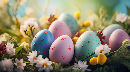 Fototapeta na wymiar Easter eggs on green grass on a sunny day