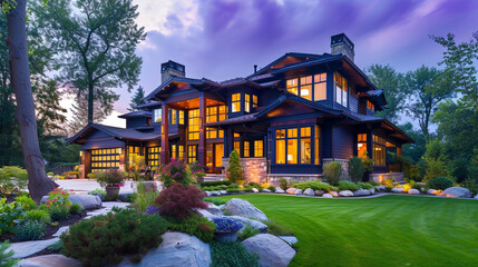 Modern Craftsman style house in night view
