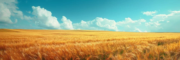 Gordijnen Wheat crop field Sunset Landscape, panoramic view of a golden wheat field web banner template. © torjrtrx