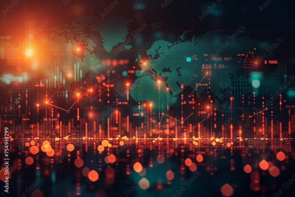 Poster global economy and market analytics concept. digital representation of global economy with dynamic m