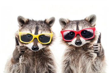 Raccoons in Colorful Sunglasses Giving Thumbs Up
