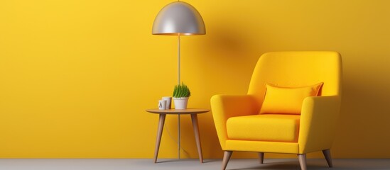 A yellow armchair is placed in front of a matching yellow wall, creating a cohesive and vibrant interior setting. The chair stands out against the bold background, adding a pop of color to the room. - obrazy, fototapety, plakaty