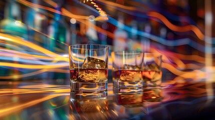 Whiskey glasses on vibrant light streaks bar counter, perfect for nightlife and leisure ads.