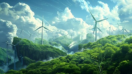 Renewable energy wind turbines in lush landscape, suitable for sustainability and power. - obrazy, fototapety, plakaty