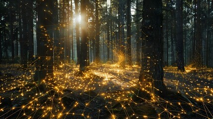 Magical forest with glowing network nodes, ideal for fantasy and technology themes.